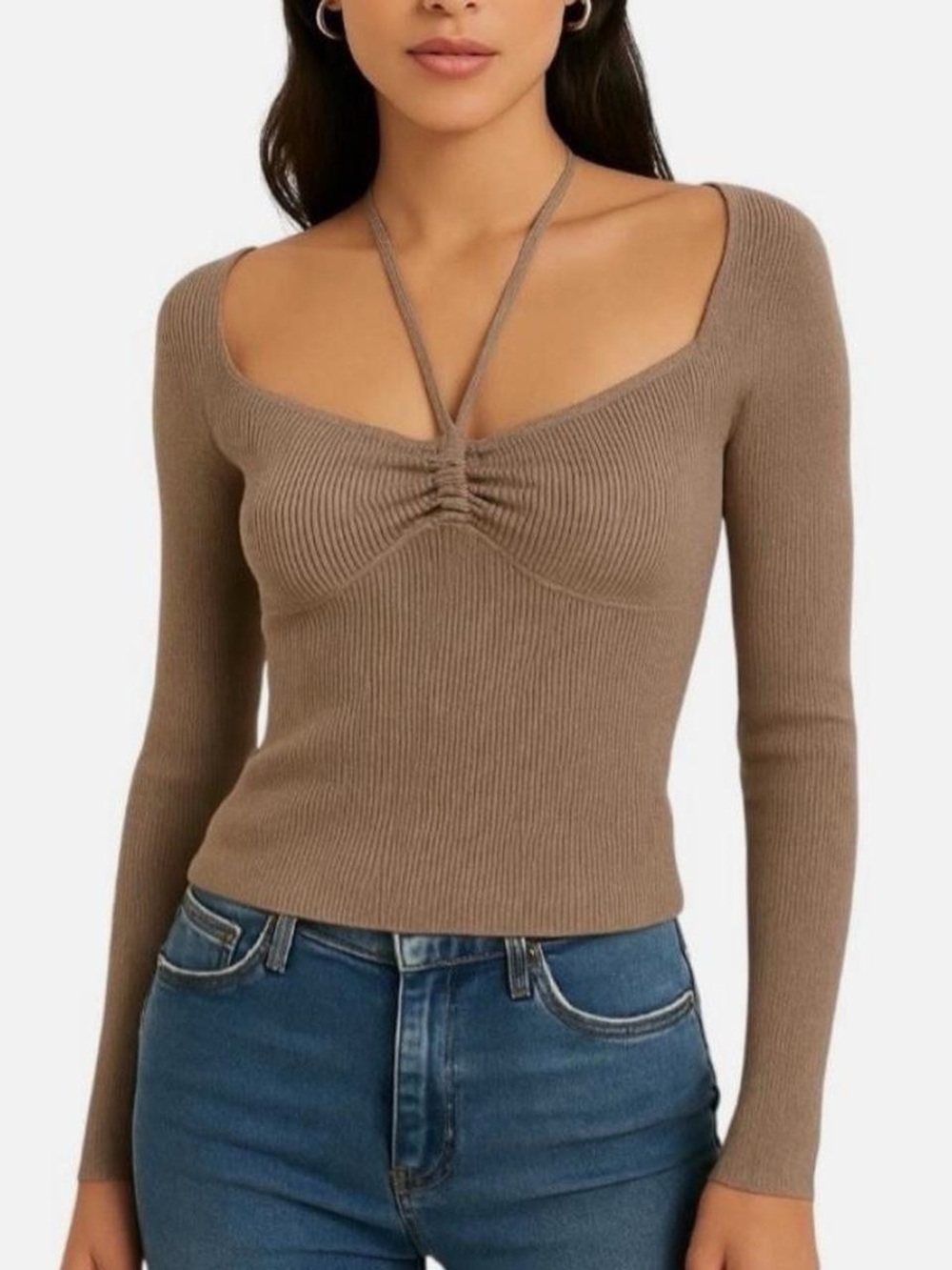 House of Harlow 1960 Ribbed Halter Tie Long Sleeve Top - Brown